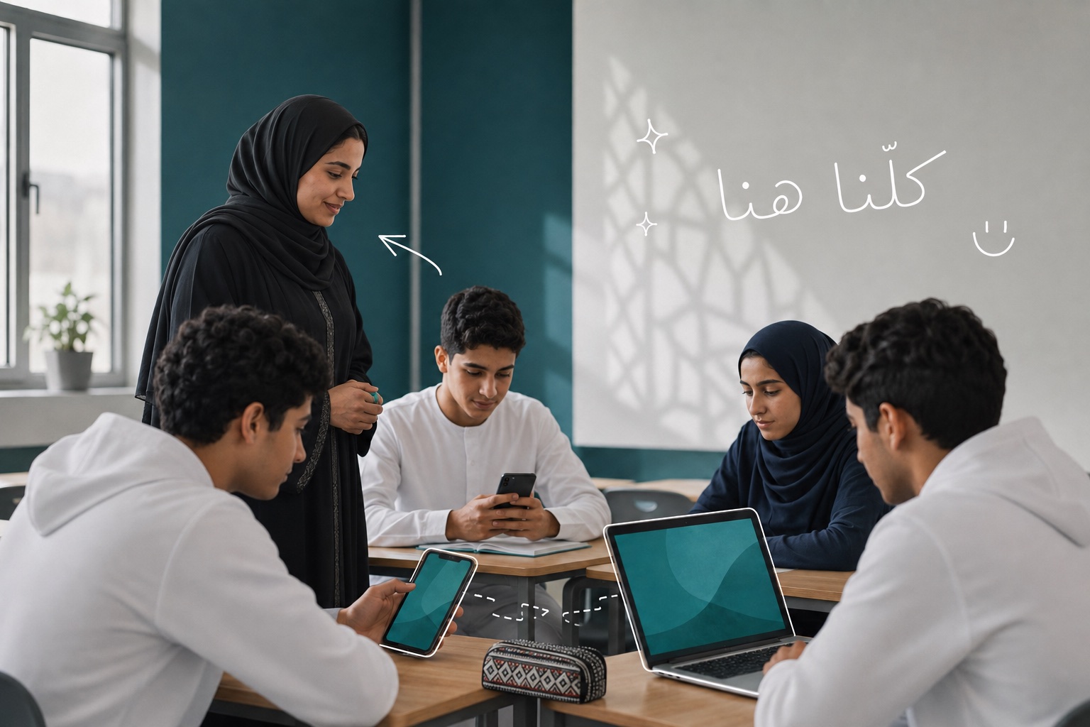 معلمة إماراتية وطلاب متصلون بالحصة من أجهزتهم، مع عبارة مرسومة بقلم أبيض: كلّنا هنا