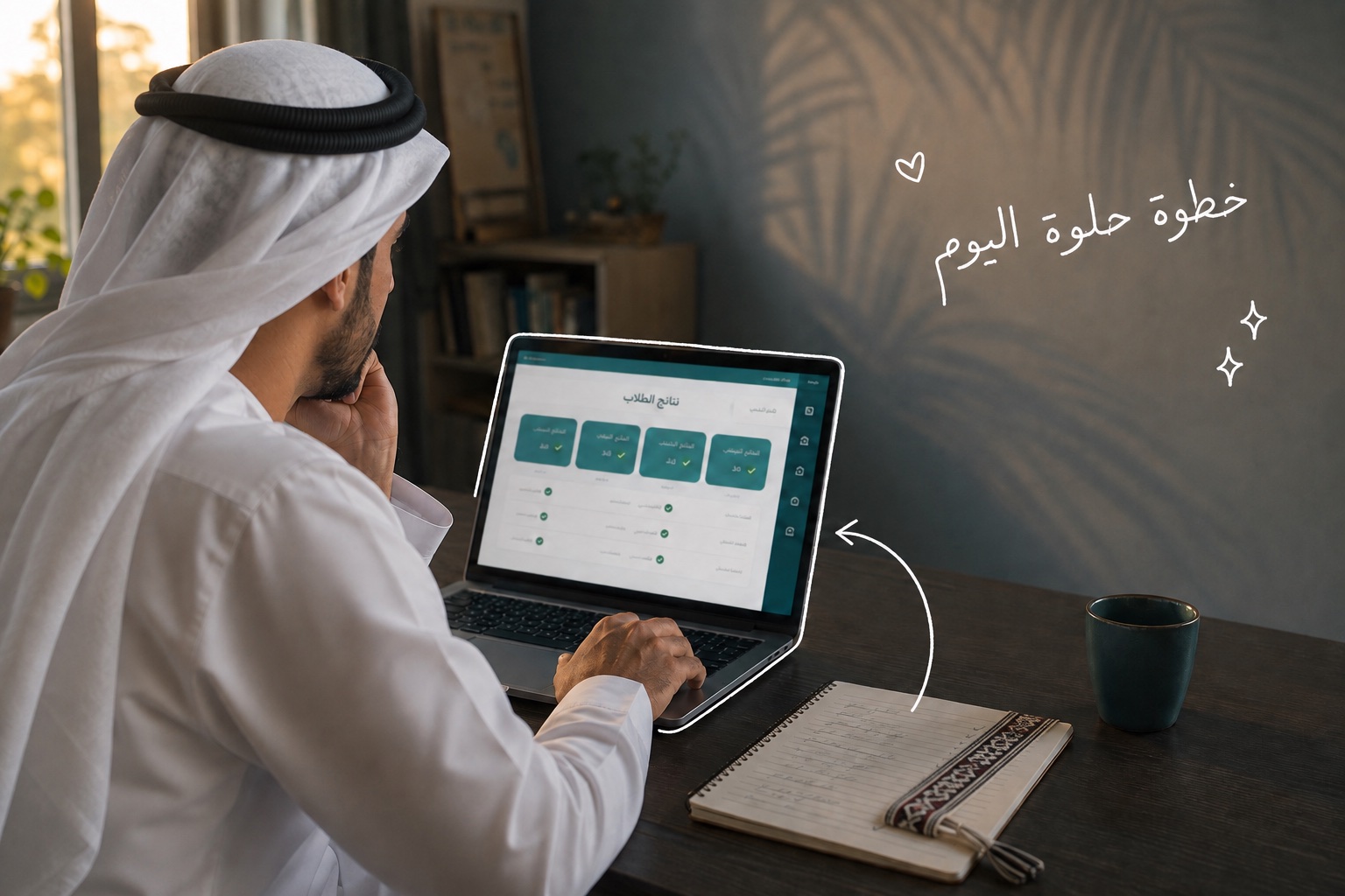معلم إماراتي يراجع نتائج الطلاب بعد الحصة، مع عبارة مرسومة بقلم أبيض: خطوة حلوة اليوم