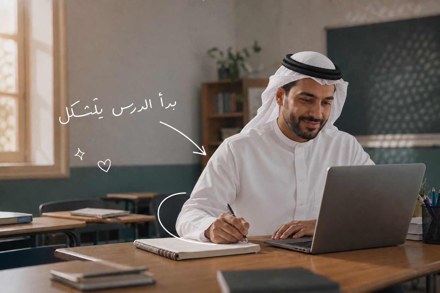 معلم إماراتي يحضّر درسه في فصل هادئ، مع عبارة مرسومة بقلم أبيض: بدأ الدرس يتشكّل